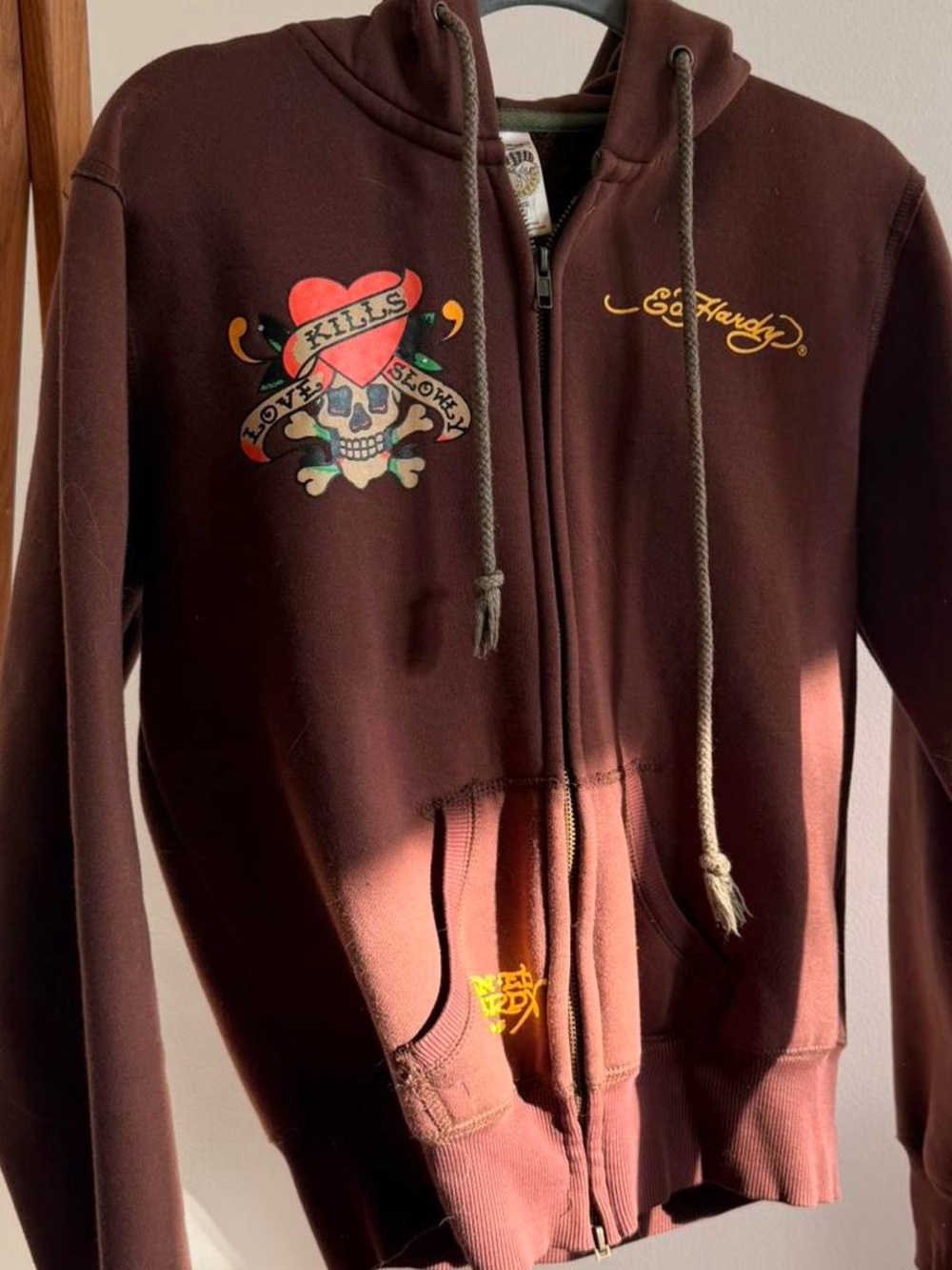 Ed Hardy Women’s Brown Graphic Hoodie - Heart & Skull Print - Picture 2 of 5